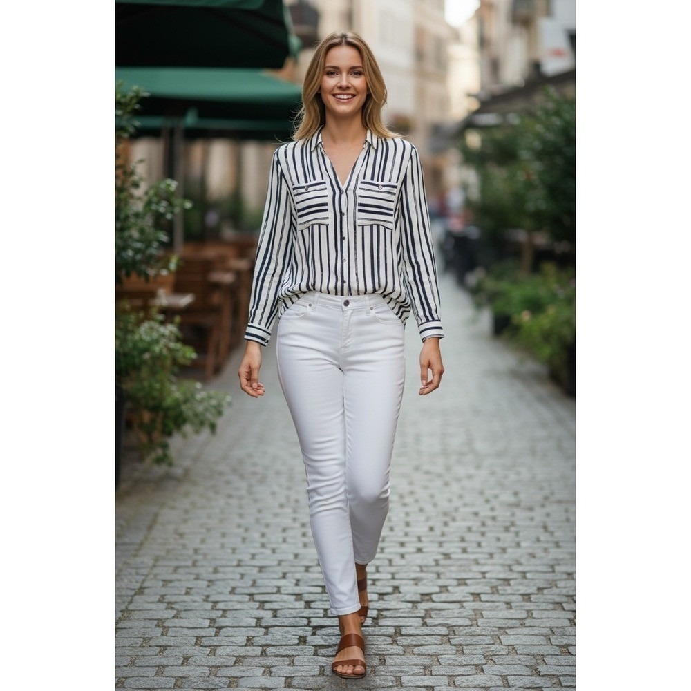 Maeve Anthropologie Navy White Nautical Striped Button Down Blouse S Coastal